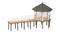 A model of a wooden pavilion with a covered roof, built on stilts and accessible via a boardwalk.