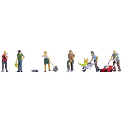Six miniature figures: One person with a broom, others holding rakes, wheelbarrow, broom, rubbish bin. Representation of gardening work.