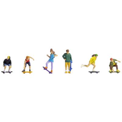 Six colourful miniature figures ride skateboards in various poses. They are wearing sporty, casual clothing.