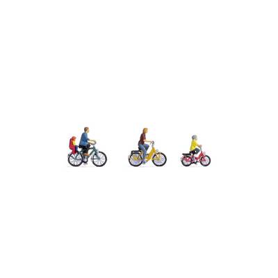 'Three people are cycling in a line: an adult with a child, an adult alone, and an older person on a small bicycle.'