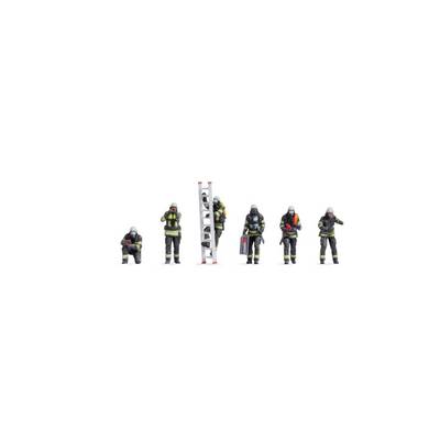 Six firefighters in protective clothing stand against a white background. One is holding a ladder, while another is carrying a piece of equipment.