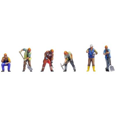 Six miniature workers in different poses with tools such as shovels and drills, wearing construction clothing and hard hats.