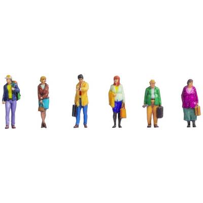Six colourful painted miniature figures in various poses, each carrying luggage. The figures represent diverse travellers.