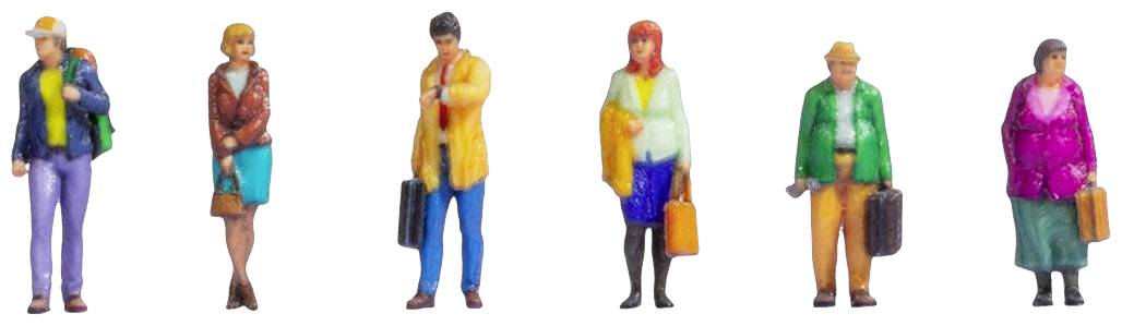 Six colourful miniature figures in a row, each dressed differently, carrying bags and suitcases in their hands.