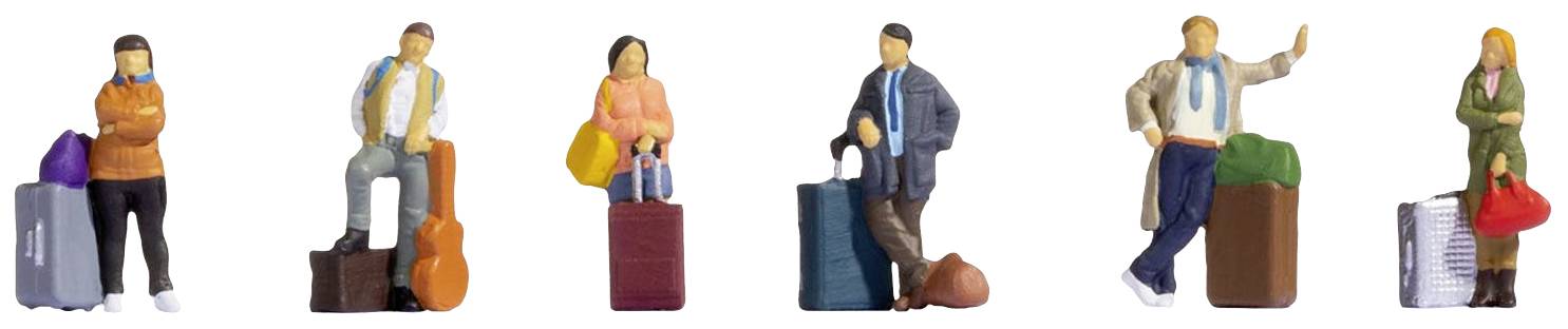 Six miniature figures stand in a row with suitcases and travel bags, each in different clothing and pose.