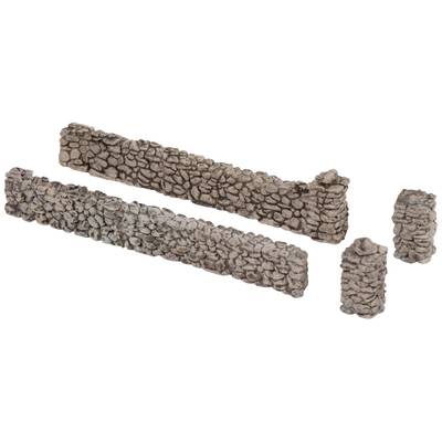 Stone wall model with three straight wall sections and two corner pieces. Rustic design, ideal for model making or dioramas.