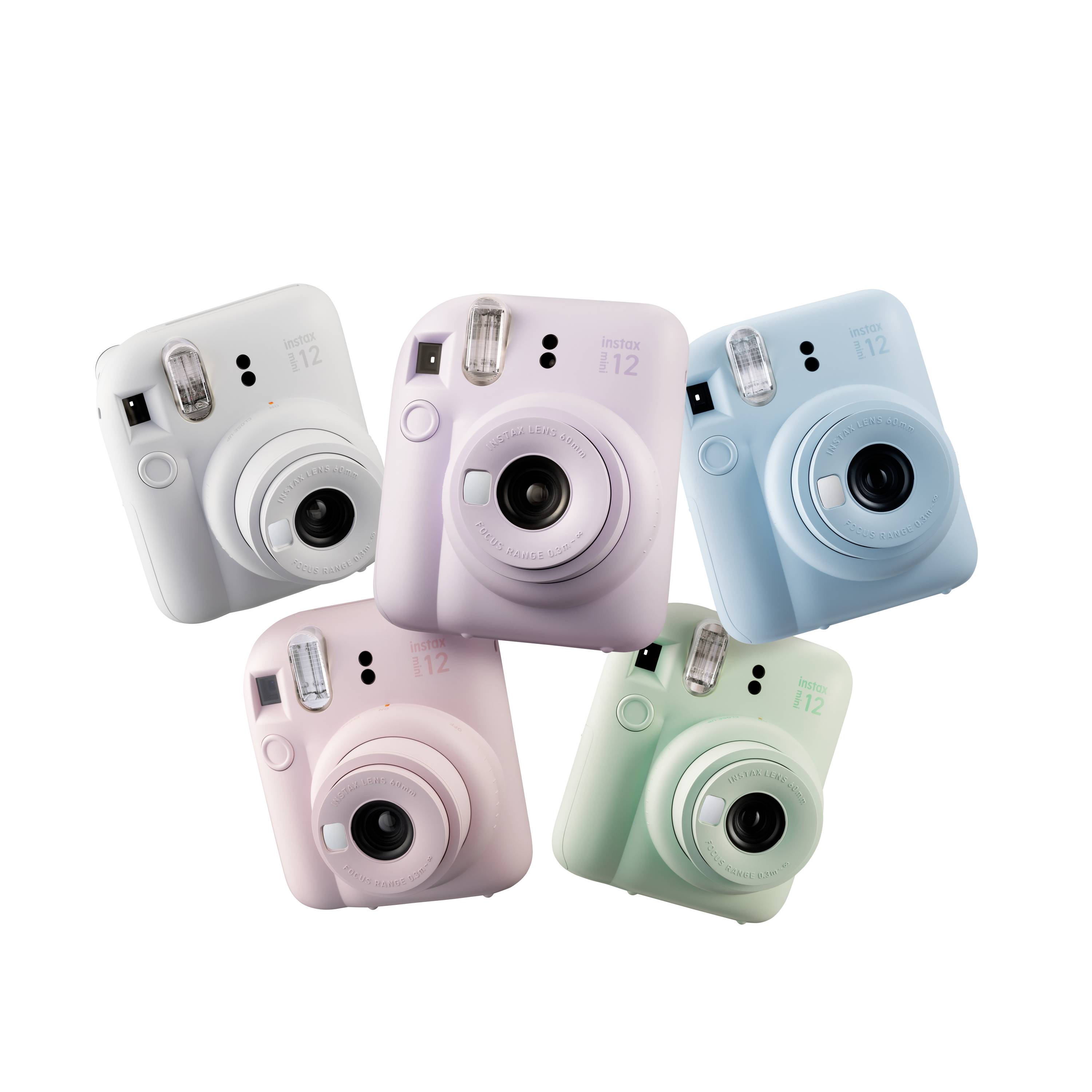 Five colourful instant cameras hover in a group arrangement. Colours: white, pink, light blue, light green and purple. Key feature: compact and portable.