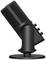 A black studio microphone on a stand, photographed from the side. It has several volume and sound controls on its side.