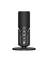 A black, professional studio microphone with buttons on the front, standing on a round stand, against a white background.
