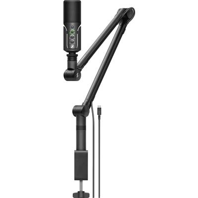 Microphone mounted on an adjustable boom arm. It is black with control elements on the housing. Suitable for audio recordings.