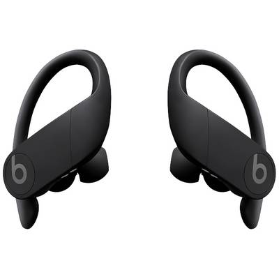 Black wireless in-ear headphones with ear hooks, designed for secure fit and comfort during sporting activities.