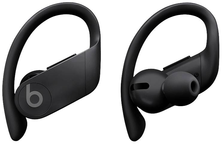 Black wireless in-ear headphones with ear hooks that provide secure support during sports or when on the move. Brand logo on the side.