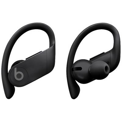 Black wireless in-ear headphones with ear hooks that provide secure support during sports or when on the move. Brand logo on the side.