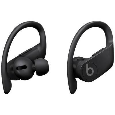Black wireless in-ear headphones with ear hooks that are securely fastened to the ears. They are suitable for sporting activities.