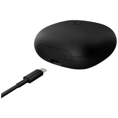 Black, round charging case with Lightning connection cable. Designed for headphone storage and charging.