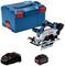 'Bosch' cordless circular saw with blue transport case, charger, and battery. Ideal for precise cuts in woodworking and metalworking.
