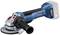 Battery-powered angle grinder in blue and black with a removable handle. Suitable for metalworking and grinding tasks.