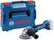 A blue Bosch angle grinder is positioned in front of a matching blue transport case. Both are branded with the Bosch logo.
