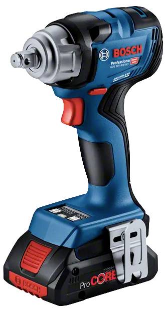 A blue and black Bosch Professional power tool with a red accent, featuring a ProCORE battery, used for tightening and loosening bolts.