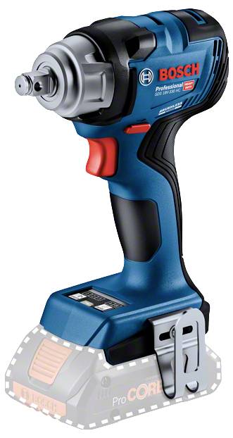 A cordless Bosch Professional impact wrench with a blue and black design and a red trigger, featuring a space for a detachable battery.