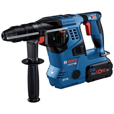 A blue, cordless hammer drill with a black handle and red switch. Marked 'Bosch Professional', suitable for heavy-duty work.