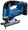 A blue and black Bosch cordless jigsaw with a red trigger and brushless motor, designed for professional cutting tasks.