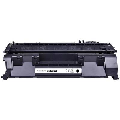 Black printer cartridge with label 'Replace for CE505A' on the front. Contains CE and recycling symbols. Suitable for laser printers.