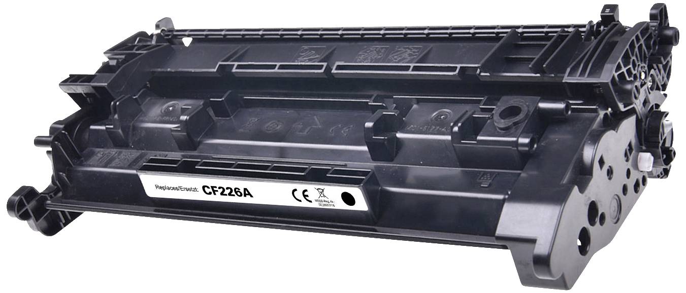 Black toner cartridge with 'CF226A' printed on it, suitable for specific printer models. Battery guidelines symbol visible.