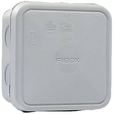 A grey plastic enclosure with the inscription 'Fibox', suitable for protecting electrical connections. Certificates and specifications are listed above.