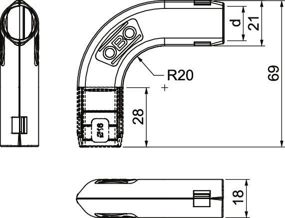 Technical drawing of a 90-degree elbow piece with dimensions: length 69 mm, radius 20 mm, and other specific measurements.