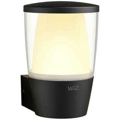 A modern exterior light with a black housing and clear glass, emitting a warm light. 'WiZ' logo on the front.