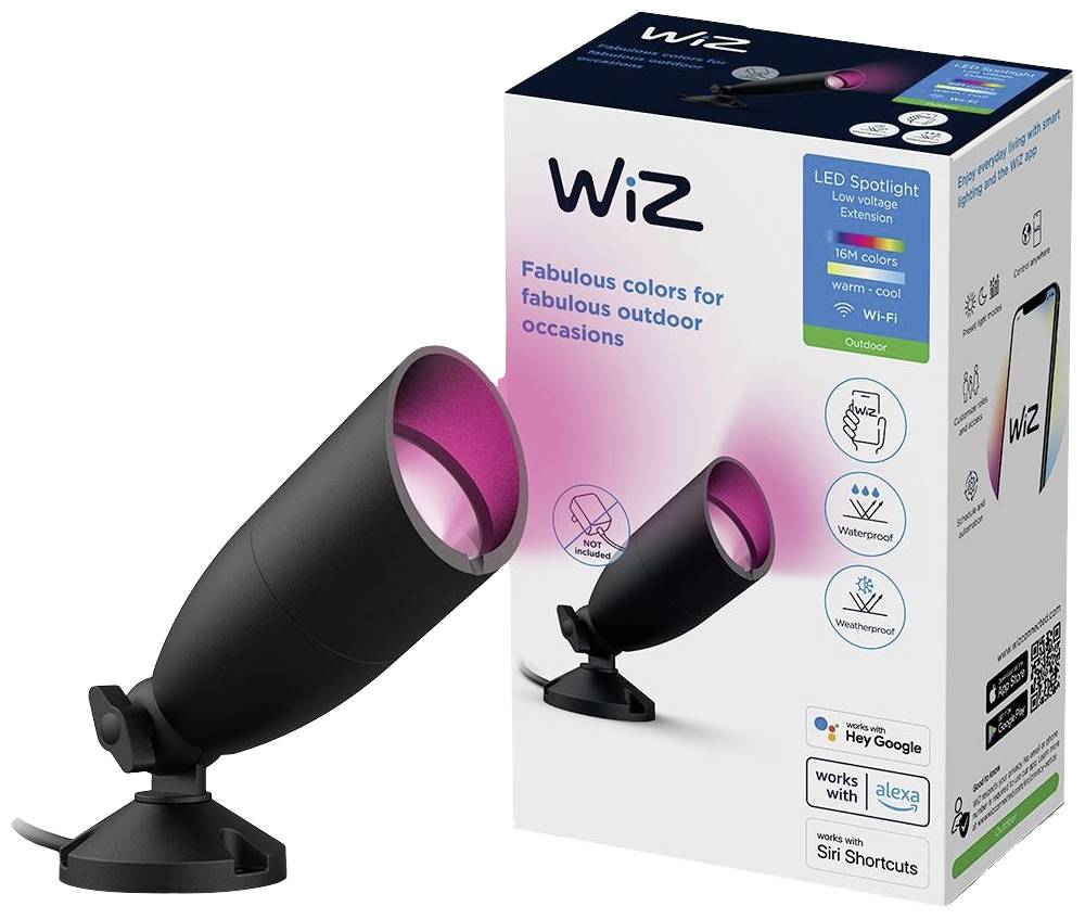 A WiZ LED outdoor light and its packaging, promoting colourful lighting for outdoor occasions. Features such as water resistance and voice control are highlighted.