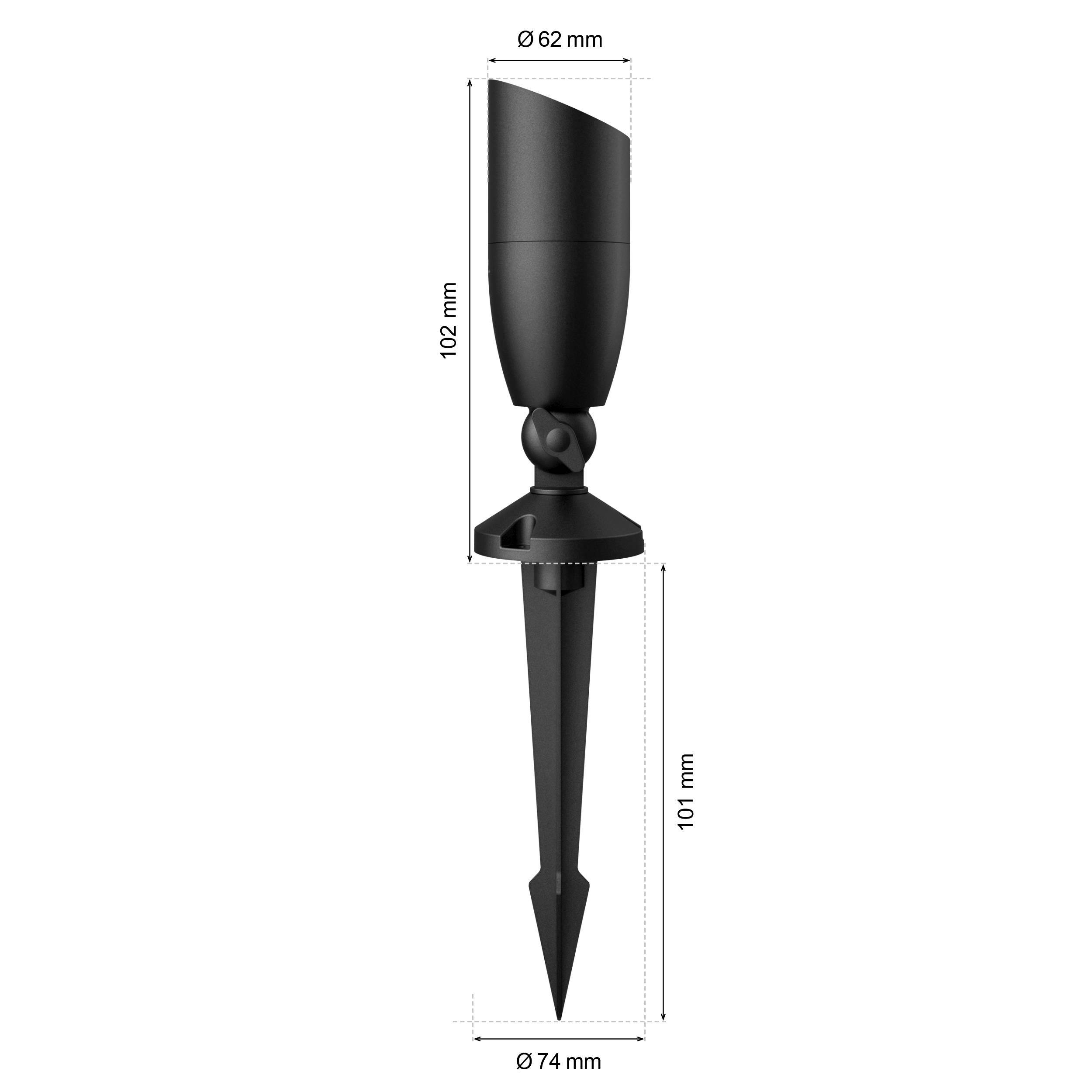 Black, conical outdoor light with ground spike. Total height 203 mm, luminaire head 102 mm, diameter 62 mm, spike 101 mm. Ideal for garden lighting.