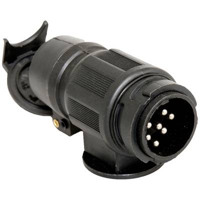 Black, cylindrical electrical connector with multiple metal pins. Used for electrical connections, for example in automotive engineering.