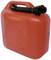 A red petrol can with a black screw cap and pouring spout.