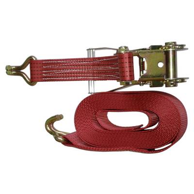 Red tension strap with ratchet and hook, used for securing loads. Strap is shown rolled up next to the ratchet.