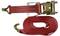 Red tension strap with ratchet and hook, used for securing loads. Strap is shown rolled up next to the ratchet.