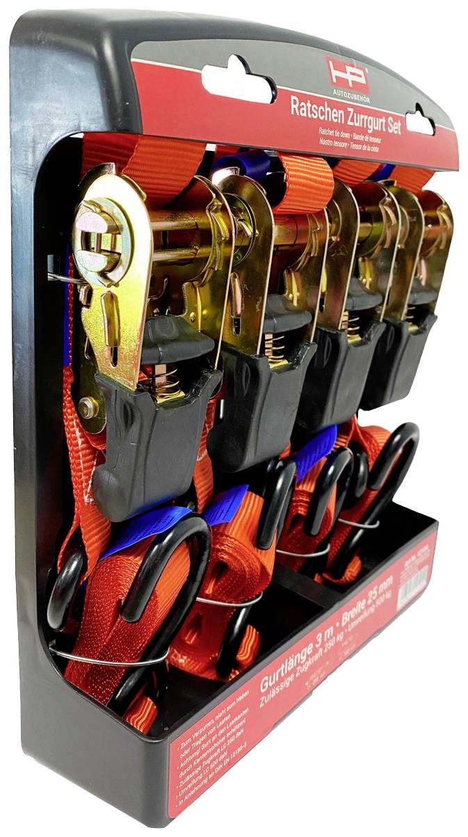 Ratchet Strap Set with four orange straps and gold-coloured ratchets, packaged in a black holder with a red label.