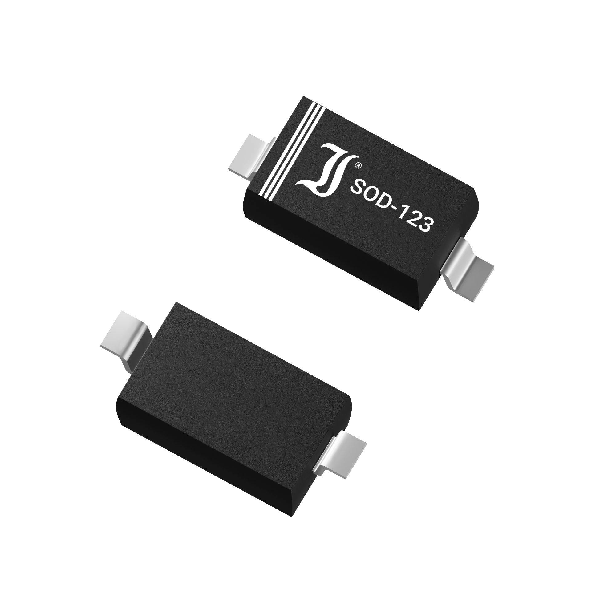 Two SMD diodes in SOD-123 packaging with labelling. Electronic components for circuits.