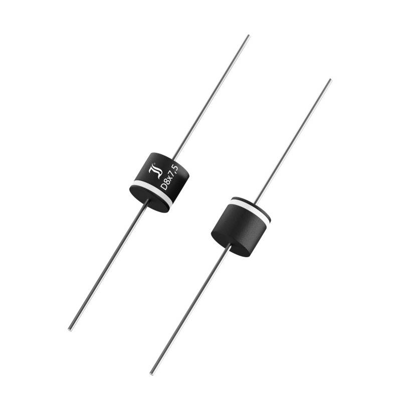 Two black, cylindrical diodes with silver connecting wires. The diodes have white markings with letters and numbers.