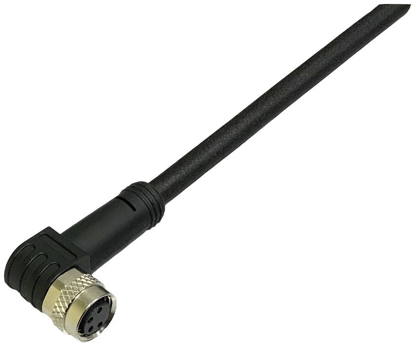 Black, right-angled cable with metal plug, 4-pole. Suitable for electrical connections in industrial applications.