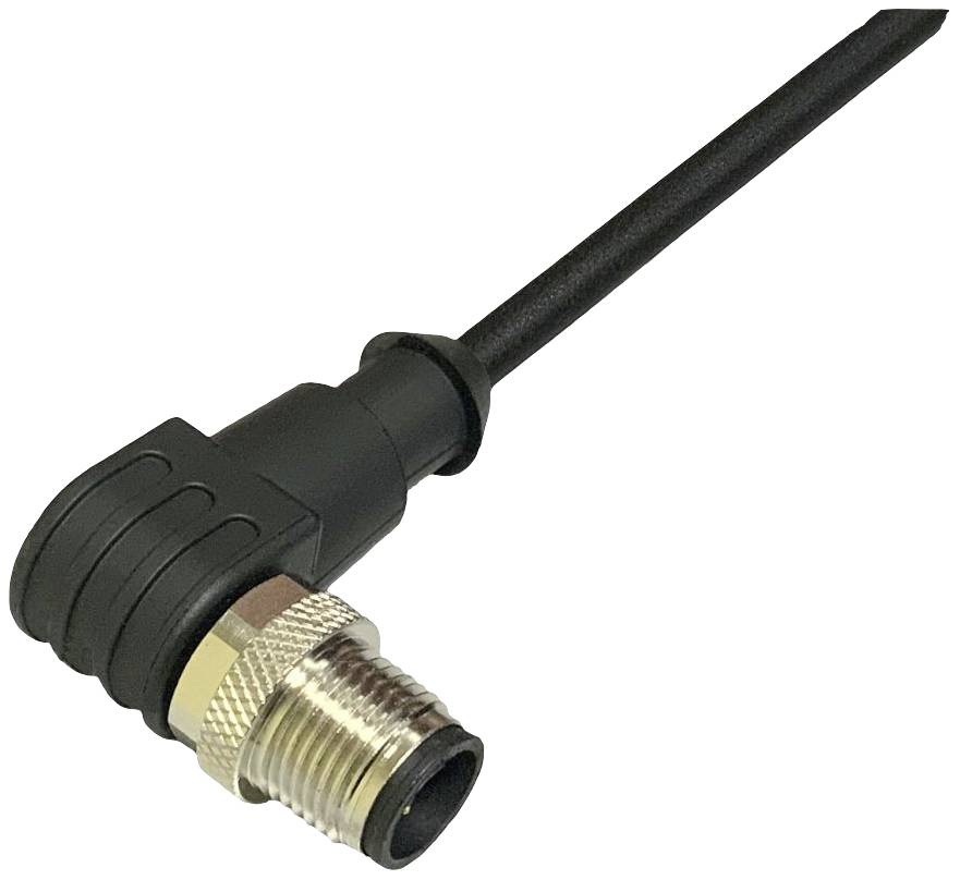 A black, right-angled M8 plug with threading and cable, commonly used in electronic applications.