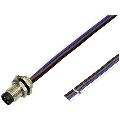 'An M12 connector with four colour-coded wires in brown, blue, white, and black. The connector is used for electrical connections.'