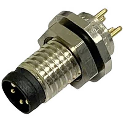 'A metal connector with a black tip and four golden pins. The connector has a ribbed casing for better grip.'