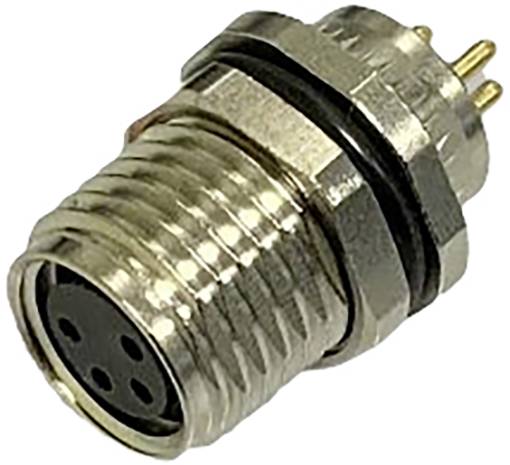 A round, metallic connector with four contact points, used in electrical devices and wiring.