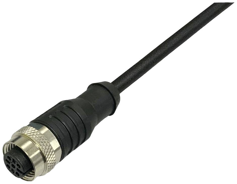 A black cable with a round plug at the end, which has multiple connections. The plug features a metallic ring and black insulation.