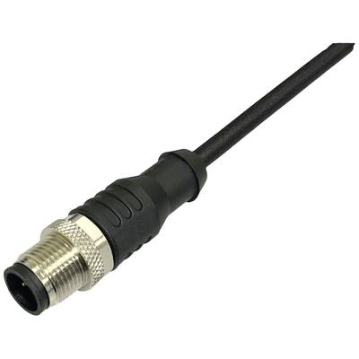 A black, metallic circular plug connector device with a cable, used for industrial applications.