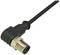 A black, L-shaped cable plug with metal threading and insulation, suitable for industrial electrical connections.