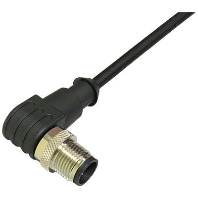 A black angled plug with a metal thread, attached to a cable. Suitable for industrial applications or electrical engineering.
