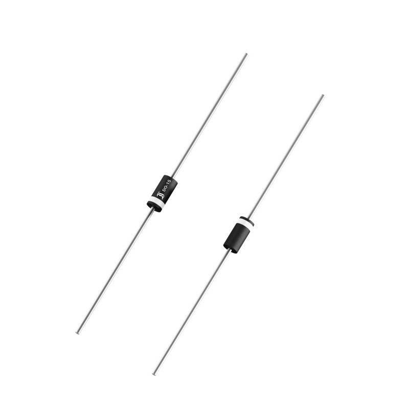 Two electrical diodes, cylindrical with black housing and silver wires, against a white background.